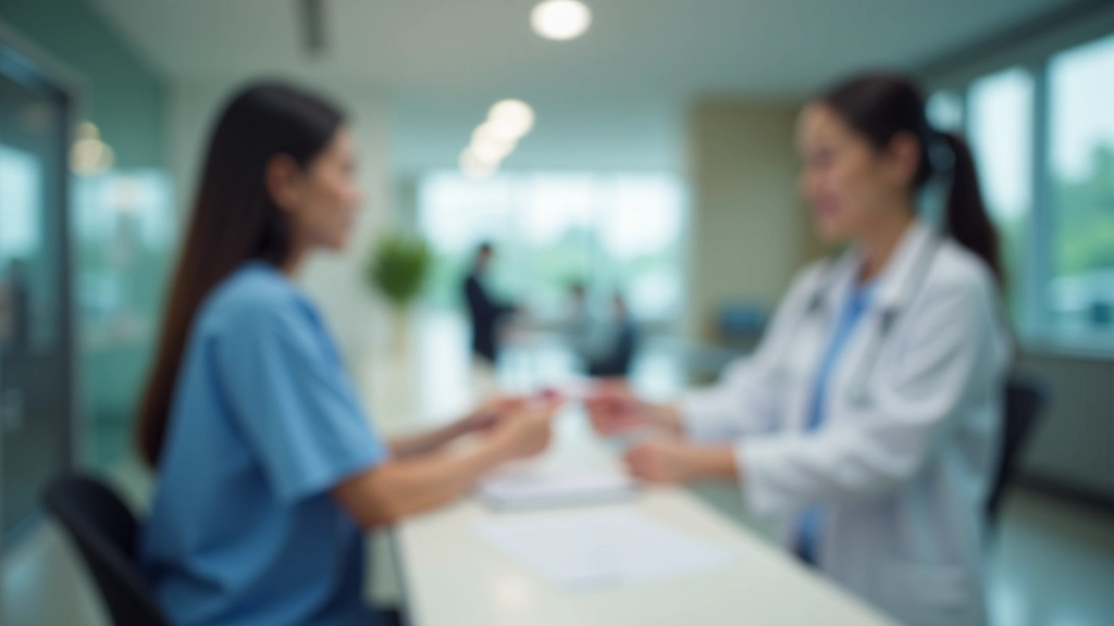 Patient checking in at hospital reception desk with insurance card and admission documents
