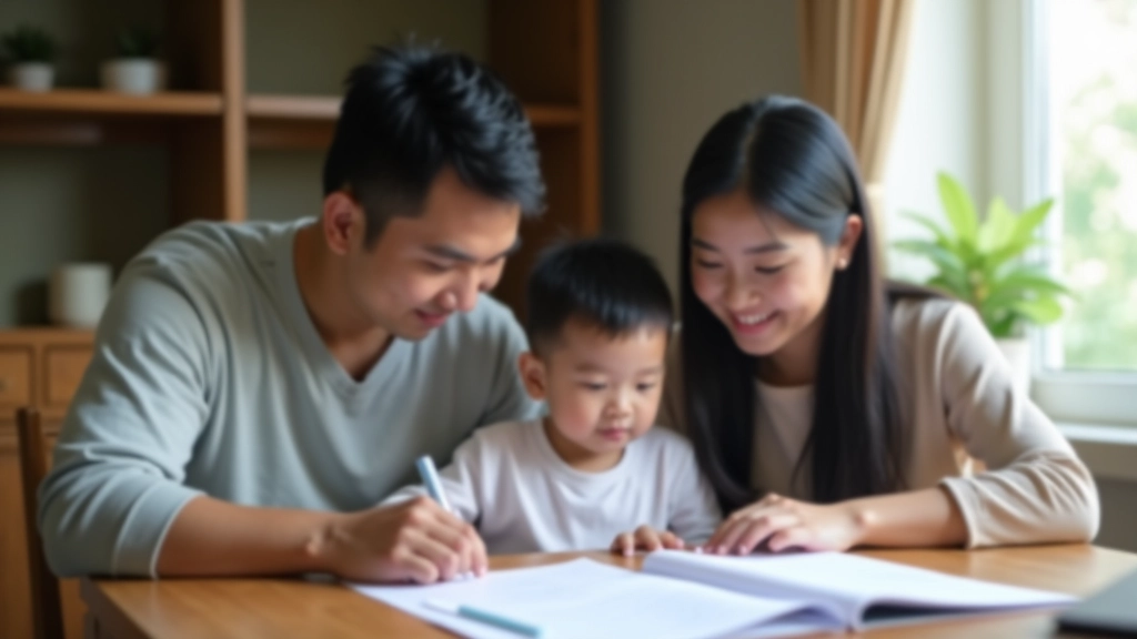 Malaysian family reviewing healthcare documents at home with paperwork and laptop