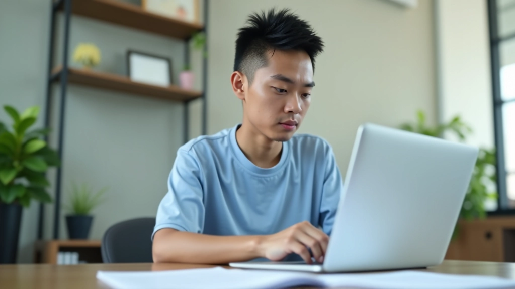 Young professional reviewing insurance options on laptop with documents and comparison checklist nearby