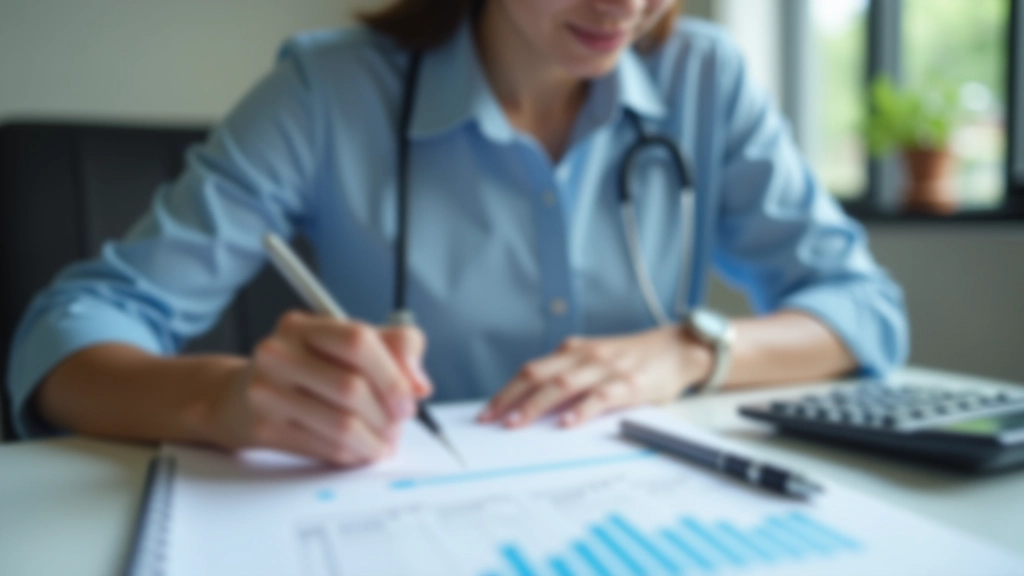 Person reviewing monthly budget and healthcare expenses on notebook with calculator and financial documents